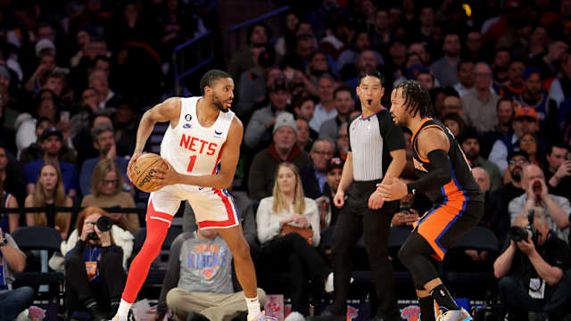 Mar 1, 2023; New York, New York, USA; Brooklyn Nets forward Mikal Bridges (1) controls the ball against New York Knicks guard Jalen Brunson (11) during the third quarter at Madison Square Garden. Mandatory Credit: Brad Penner-USA TODAY Sports